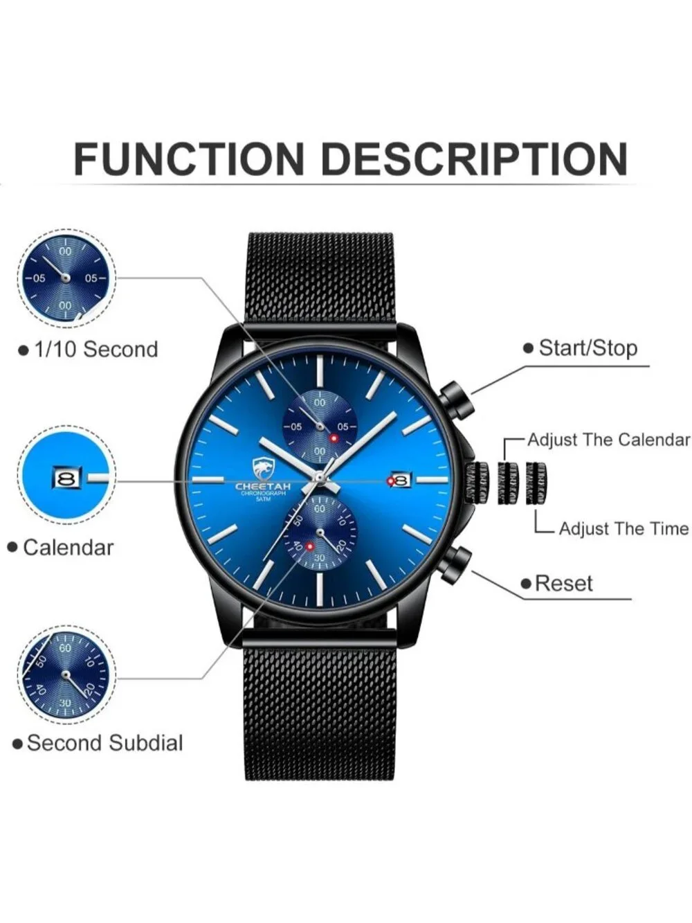 Men's Dark Blue Black Quartz Analog Mesh Strap Stainless Steel Chronograph Watch